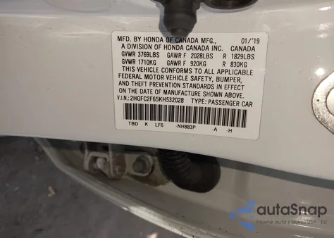 2019 Honda Civic Lx z USA, uszkodzony, nr VIN 2HGFC2F65KH532028